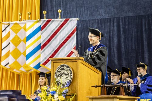 University of Alaska Fairbanks Chancellor Daniel M. White congratulates the more than 600 graduates who attended UAF's 97th commencement ceremony at the Carlson Center Saturday, May 4, 2019. UAF photo by JR Ancheta.