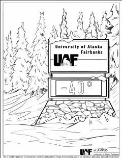 Black and white sketch of UAF's time and temperature sign with -40 displayed.