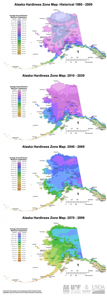 Maps by UAF Scenarios Network for Alaska and Arctic Planning. These maps created by a team of UAF scientists show how plant hardiness zones in Alaska likely will change in coming decades.