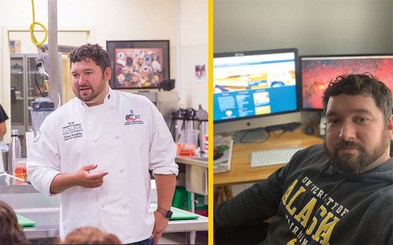 UAF culinary instructor Sean Walklin teaching students in the kitchen at Hutchison Center (left) and from home after COVID-19 forced campus to close (right). Photos courtesy of Sean Walklin.