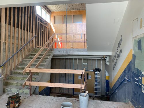 An elevator is being installed in the stairwell of Constitution Hall during summer 2020. Photo courtesy of UAF's Division of Design and Construction.