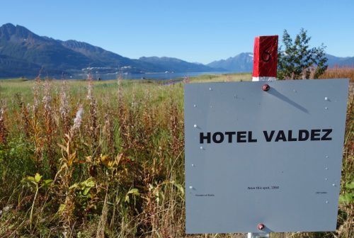 Photo by Ned Rozell. A sign marks the former site of the Hotel Valdez, which was destroyed by a tidal wave after the Great Alaska Earthquake of March 1964.