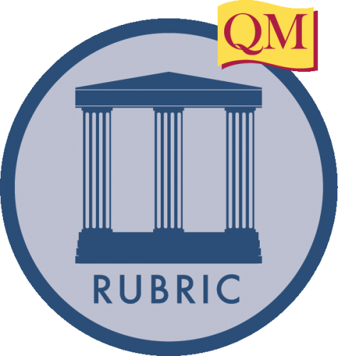 Badge showing a building held up by columns and the word "rubric."