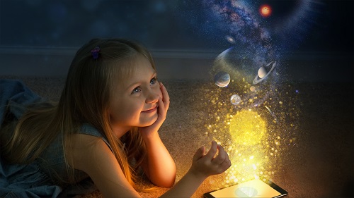 NASA illustration by Jenny Mottar. A whimsical illustration shows a girl dreaming of space exploration.