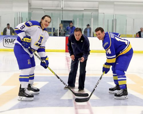 Photo by Paul McCarthy. Scott Roselius offers the ceremonial puck drop during Nanook Athletics Hall of Fame induction weekend in 2016.