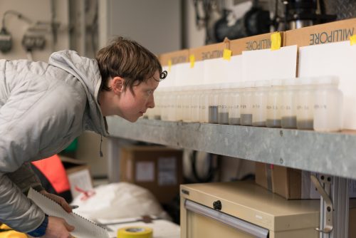 Photo by Andrew McDonnell. Steffi O’Daly looks at seawater samples from the Bering Strait aboard the UAF research ship Sikuliaq.