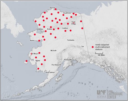 Map courtesy of Alaska Earthquake Center. The red dots show locations of 45 USArray stations which greatly increase the ability to track earthquakes, permafrost changes, sea ice extent, aurora events and the weather across western and northern Alaska.