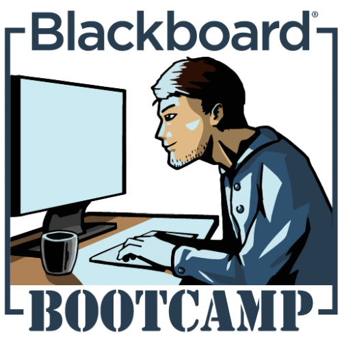 Graphic of a man looking at a computer screen with the words "Blackboard Bootcamp"