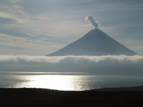 Photo by John Lyons, USGS. A vigorous steam plume rises from the summit of Mount Cleveland in the Islands of Four Mountains, Alaska, on Aug. 1, 2014.