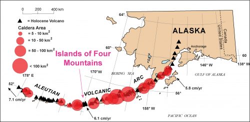 Graphic courtesy John Power, USGS. The Islands of Four Mountains lie near the center of the Aleutian Islands' arc. This map also shows the position and approximate areas of known calderas along the arc.
