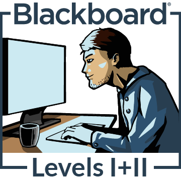 Graphic of man looking into a computer screen with the text "Blackboard Levels 1 and 2."