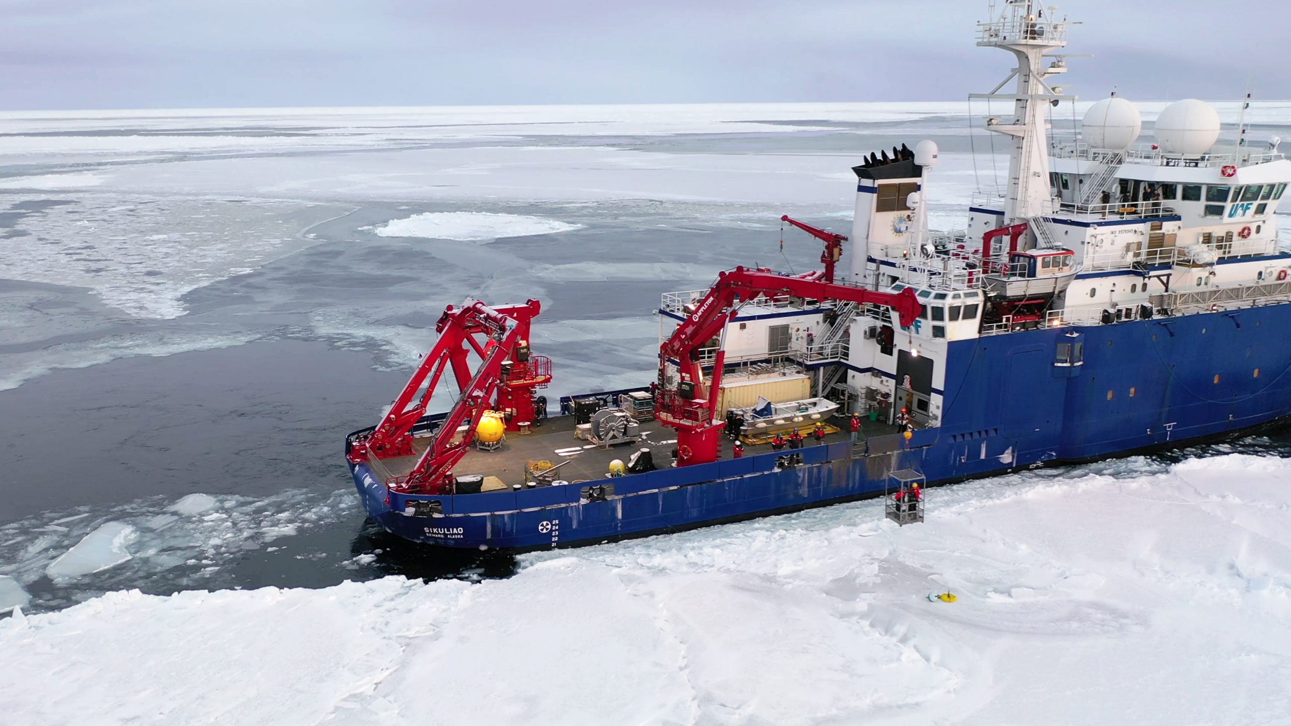 Photo by Ethan Roth. Sikuliaq supports scientific research in the Beaufort Sea in October 2020. The ship can break through ice 3 feet thick.