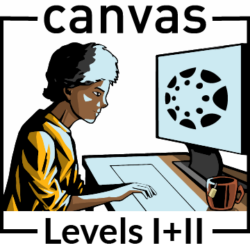 Graphic of a person looking at a computer screen with the text "Canvas Levels 1 and 2."
