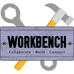 Hammer and a wrench with the words "WORKBENCH, collaborate, build, connect"