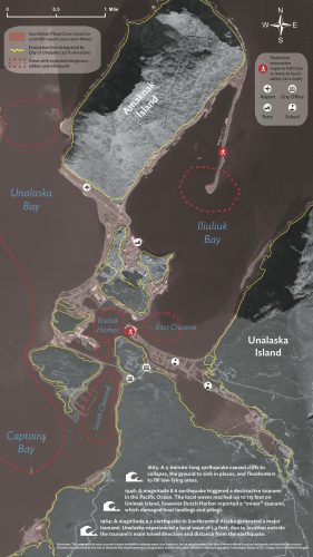 Map by the Alaska Earthquake Center. This tsunami inundation map is part of the tsunami awareness brochure created for the city of Unalaska.