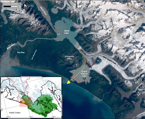 Image courtesy Michael Loso. A satellite image shows the Alsek River and Grand Plateau Glacier in southern Alaska. The yellow dashed line represents where the Alsek River may soon flow due to extreme melting of Grand Plateau Glacier (labeled GPG). In the early 1900s, Alsek Glacier (AG) was connected to Grand Plateau Glacier. GK is Gateway Knob, which guarded the only pathway for the Alsek River when the glaciers shoved against the knob a century ago.