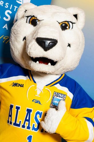 UAF photo by JR Ancheta. UAF mascot Nook gives a thumbs up to the 2021 Nanook Rendezvous alumni reunion.