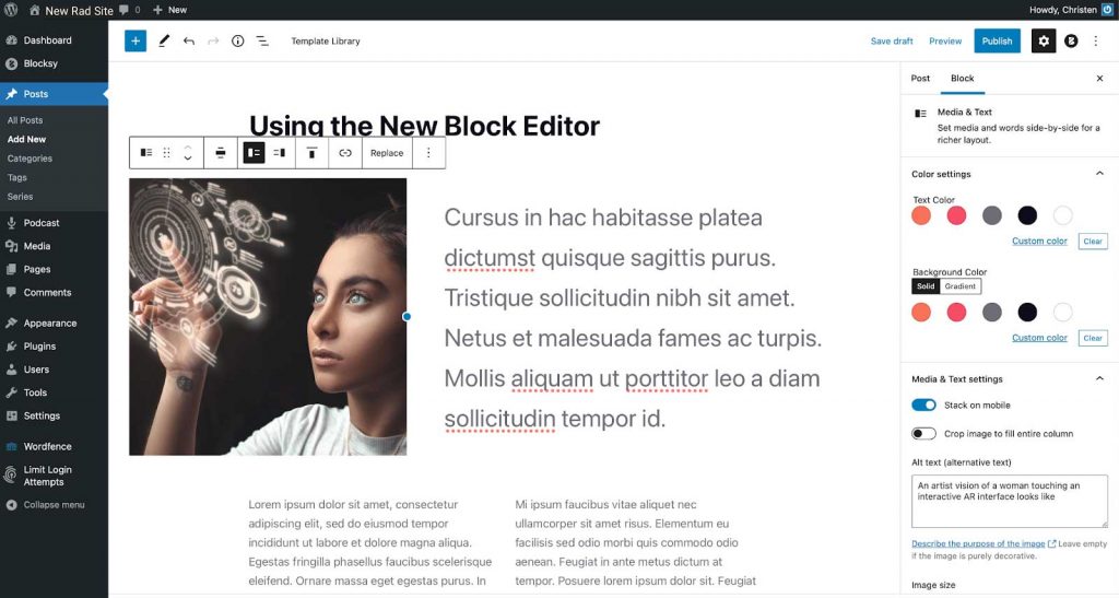 An example layout in the block editor with an image beside styles text followed by two columns of copy. Note the features for the selected block displayed in the right sidebar.