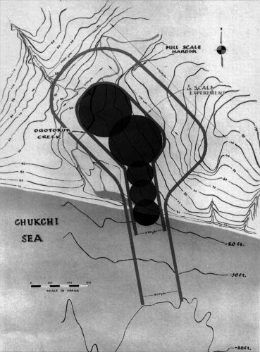 Image by Lawrence Livermore National Laboratory. A diagram of the Atomic Energy Commission’s plan to use five thermonuclear explosions to create an artificial harbor near Cape Thompson, Alaska, in 1958. Dan O’Neill wrote about the proposed project in “The Firecracker Boys.”
