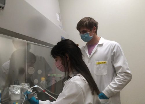 Tristan O’Donoghue worked in Associate Professor Andrej Podlutsky’s lab at UAF. He was a peer mentor to another BLaST undergraduate, Meghan Reese, shown here in March 2020. Photo courtesy of Tristan O’Donoghue.