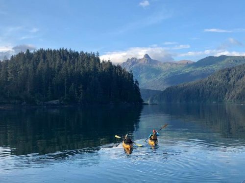 Photo provided by Donna Hauser. Donna Hauser and her son kayak in Kachemak Bay.