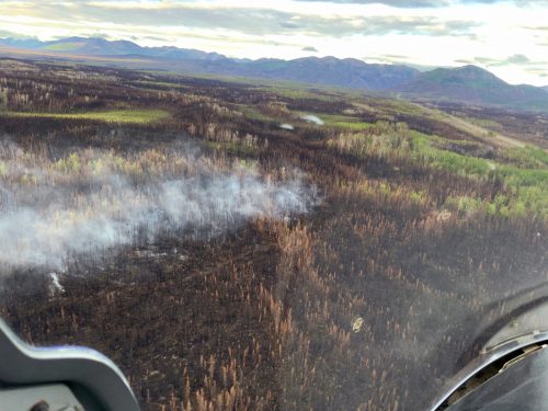 Photo courtesy of the Alaska Division of Forestry. In spring 2020, two holdover fires reignited in the burn scars of the 2019 Swan Lake Fire, shown here, on the Kenai Peninsula.