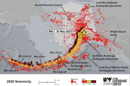 Alaska Earthquake Center image. An Alaska Earthquake Center map of all the earthquakes that happened in the year 2020, including the epicenter of a magnitude 6.1 earthquake that happened May 30, 2021.