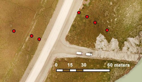 Drone photo by Soraya Kaiser; illustration distributed under Creative Commons 4.0 International. This illustration from the article shows the location of temperature sensors at the Dalton Highway research site.