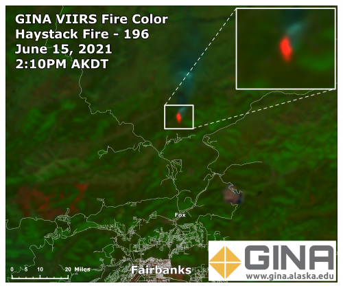 Image by Peter Hickman, Geographic Information Network of Alaska. The VIIRS fire color image shows the Haystack fire location in bright red-orange in the upper center of the image. Faint blue gray colors show evidence of smoke that can be seen spreading northward from the fire. The dark reddish brown colors in the lower left show areas where the land is warmer because of little vegetation. Often these are burn scars caused by previous fires.