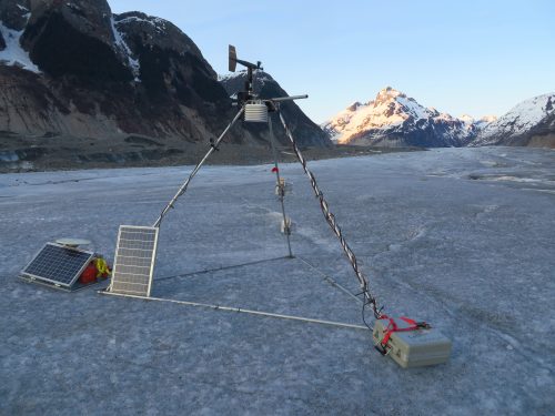 Photo courtesy of Joanna Young. Instruments on the Juneau Icefield collect data on weather conditions in May 2014.