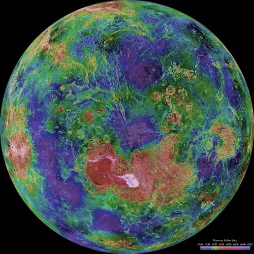 Image courtesy of NASA/JPL/USGS. This hemispheric view of Venus was created using more than a decade of radar investigations culminating in the 1990-1994 Magellan mission, and is centered on the planet's North Pole.