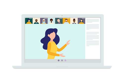 Graphic of a laptop with nine diverse faces in a video call.