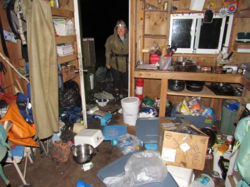 Photo by Katie Stoner, Alaska Maritime National Wildlife Refuge. This photo sent via satellite phone shows the interior of a cabin on Chowiet Island a few hours after a nearby magnitude 8.2 earthquake.