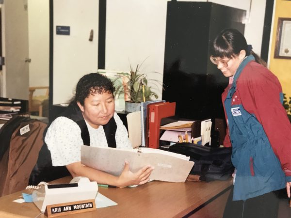 Kris Ann Mountain, left, helps student Michelle Woods, around 2000. Photo credit Kay Thomas.