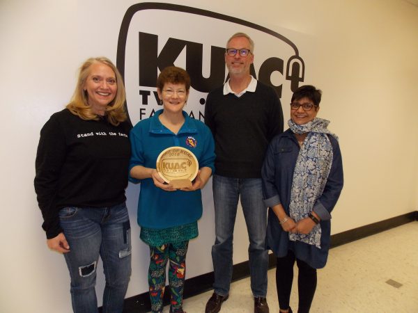 Dona Brandle-Boylan, second from left, was recognized as the Spirit of KUAC recipient April 7 during KUAC's spring fundraiser. Presenting the award were Gretchen Gordon, KUAC assistant general manager, far left, UA President Jim Johnsen and UA Regent Jyotsna Heckman. Photo courtesy of KUAC.