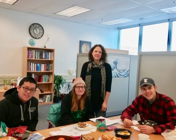 Elaine Drew (anthropology) received a mentor award in 2018 for equipment and software for her medical anthropology lab. Students (left to right), Kevin Huo, Fionna Fadum and Jason Kells. Photo courtesy of URSA.