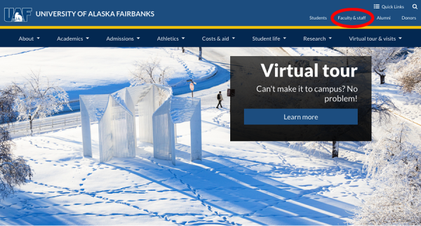 Screenshot of UAF home page with the Faculty and Staff link highlighted