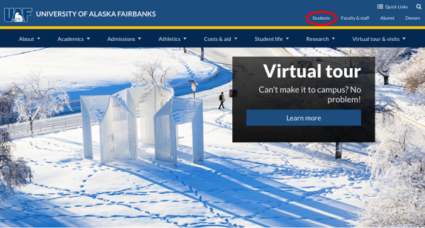 UAF home page with Students link highlighted