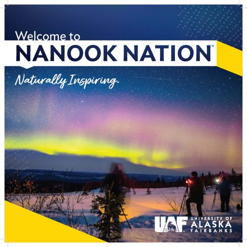 Welcome to Nanook Nation, naturally inspiring. Words over a picture of two people taking photos on tripods as the sky darkens and a yellow and purple aurora emerges. They are standing in the snow on the taiga, with a low hill in the distance.