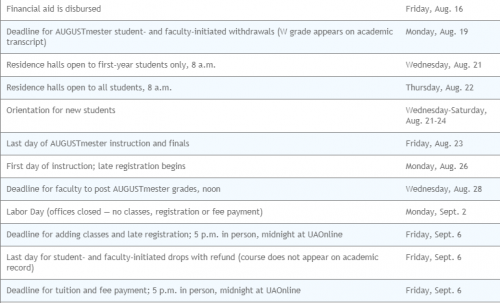 screen shot of academic calendar dates