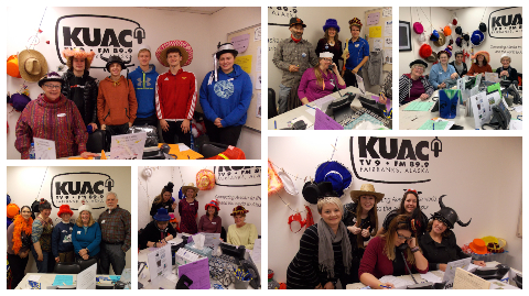 Collage of six photos of KUAC phone bank volunteers, many of them wearing silly hats.