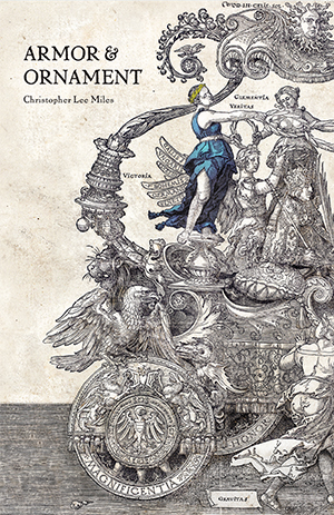 Book cover for Armor and Ornament. Most of the design is black and white. One figure is dressed in blue and has yellow hair. He stands on a fantastical contraption that looks like a complicated chariot. Attendants ride with or walk alongside.
