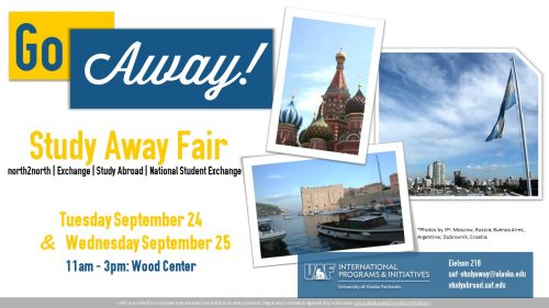 Study Away flyer, with a photo from Moscow, a photo of a harbor and a castle, and a third photo of a flag in front of a large city.