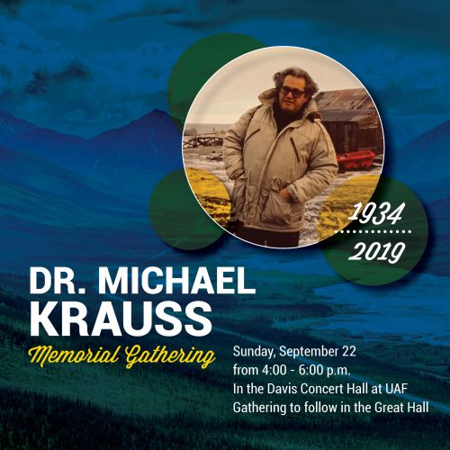Flyer for Krauss memorial. Includes photo of Krauss in a park standing in front of a cabin or old house. Contains same event info as announcement.