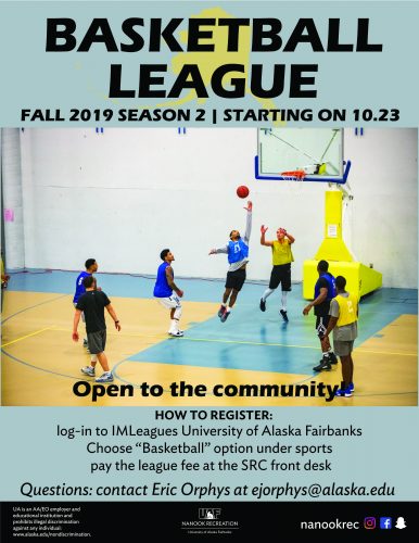 Contains basic info from announcement but specific to basketball. Shows picture of seven men playing intramural basketball.