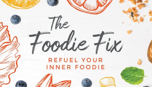 Words "The food fix, refuel your inner foodie" surrounded by partial pictures and drawings of fruits, leaves, granola