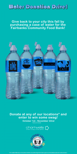 Same info as announcement; features row of water bottles with logos for UAF dining locations