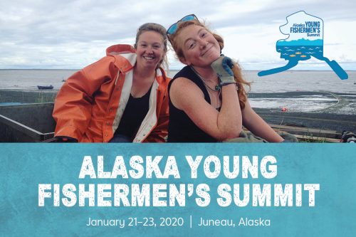 graphic image featuring two women with ocean behind them, cartoon image of alaska with fish