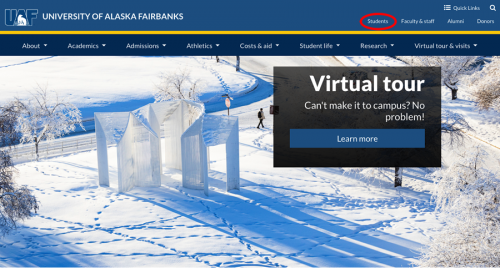Screenshot of the UAF home page with the Students link circled