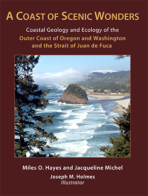 Book cover for Coast of Scenic Wonders. Includes photo of massive rock on a beach. The photo is framed by trees.